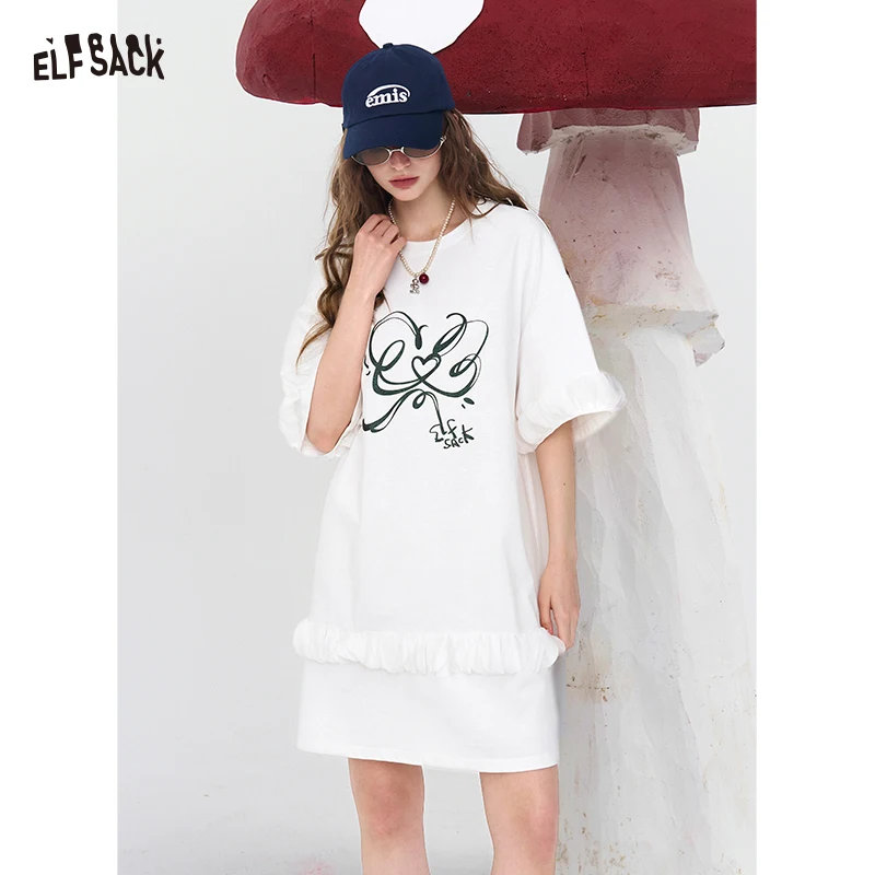 

ELFSACK Oversized Ruffle Hem T-Shirt Dress, Graffiti Heart Print Loose Casual Mini Dress, Streetwear for Women