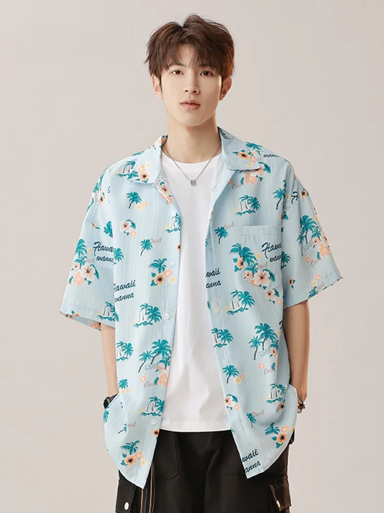 

MMOPTOP Summer New Men's ort Sve irt Casual nut Tree Print Thin Collarl Slim Fit Polyester Fiber Youth Faion