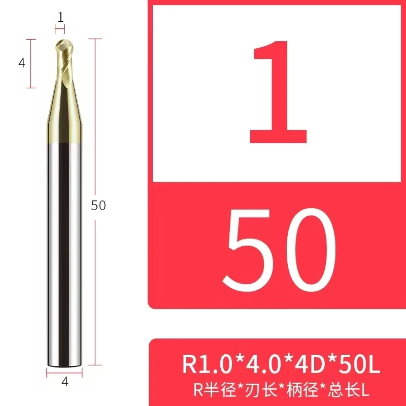 Bola Nose End Mills para o aço, carboneto de tungstênio cortador, Gold Coating, CNC Machine, Milling Tool, 2 Flauta Ferramentas, HRC70, R0.5-R8