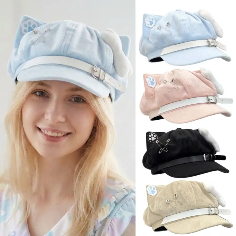 Cute Cat Ears Women's Beret Anime Japanese Style Newsboy Cap Cat Paw Pattern Sweet Baseball Cap Everyday Outfits
