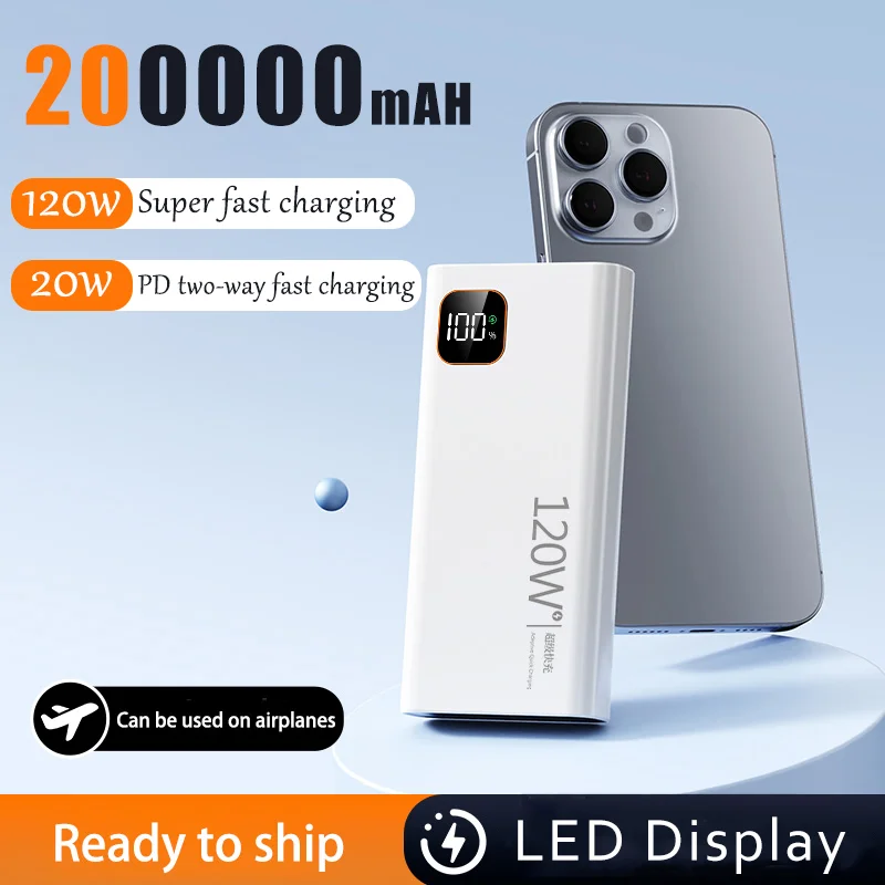 200000mAh Large Capacity Power Bank 120W Super Fast Charging Powerbank Portable Battery Charger For iPhone 16 15 Samsung Xiaomi