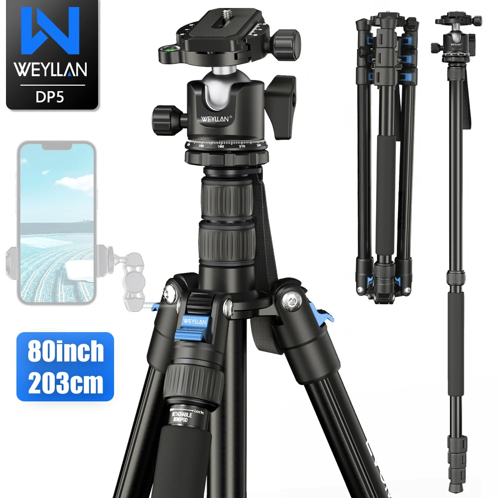 Professional High Tripod 203cm 80in Monopod 1/4 Screw Phone Stand For DSLR Camera Fast Flip Lock CNC 36mm Ball Head Metal Body