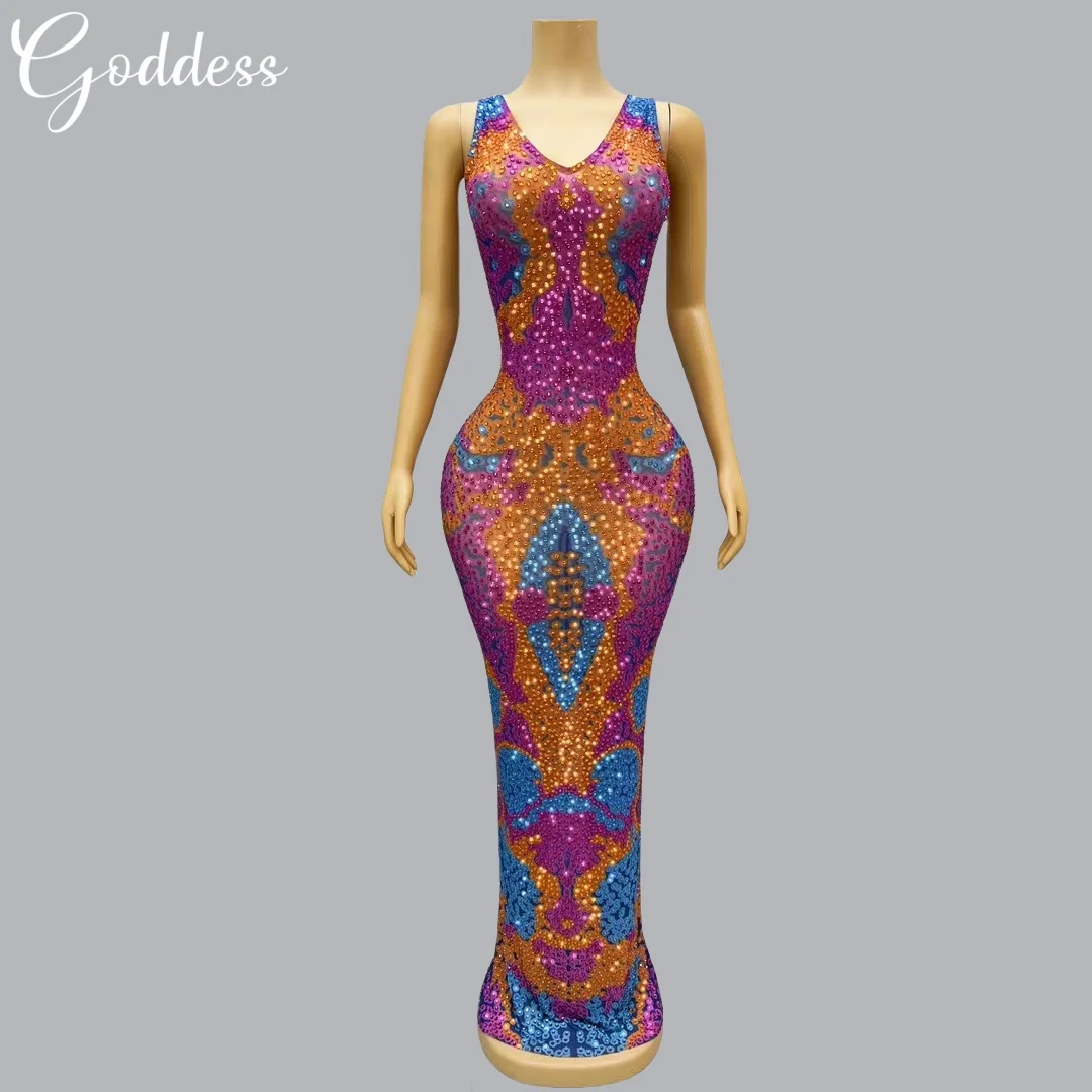 

Sexy Long Dress for Women Celebrate Evening Gown Birthday Prom Sparkly Multi-color Rhinestones Dress Sleeveless Dress Stage Wear