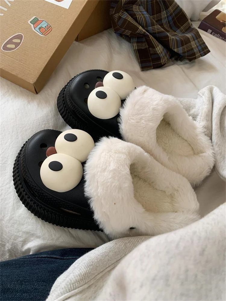 

Women Hollow Out Garden Shoes Cute Big Eyes Winter Cotton Home Slippers With Thick Soles Warmth Indoor Household Slippers