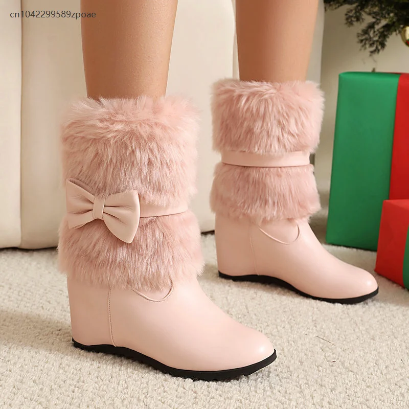

Women's Pink Christmas Ankle Boots Winter Cute Plush Bow Short Snow Boots Christmas High Heel Short Boots Santa Claus Boots 2025