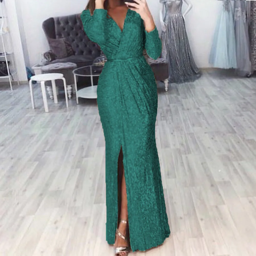 Elegant Women V Neck Long Sleeve Party Long Dress Autumn Winter Fashion Sequin Waist Sexy High Split Casual Slim Maxi Dresses