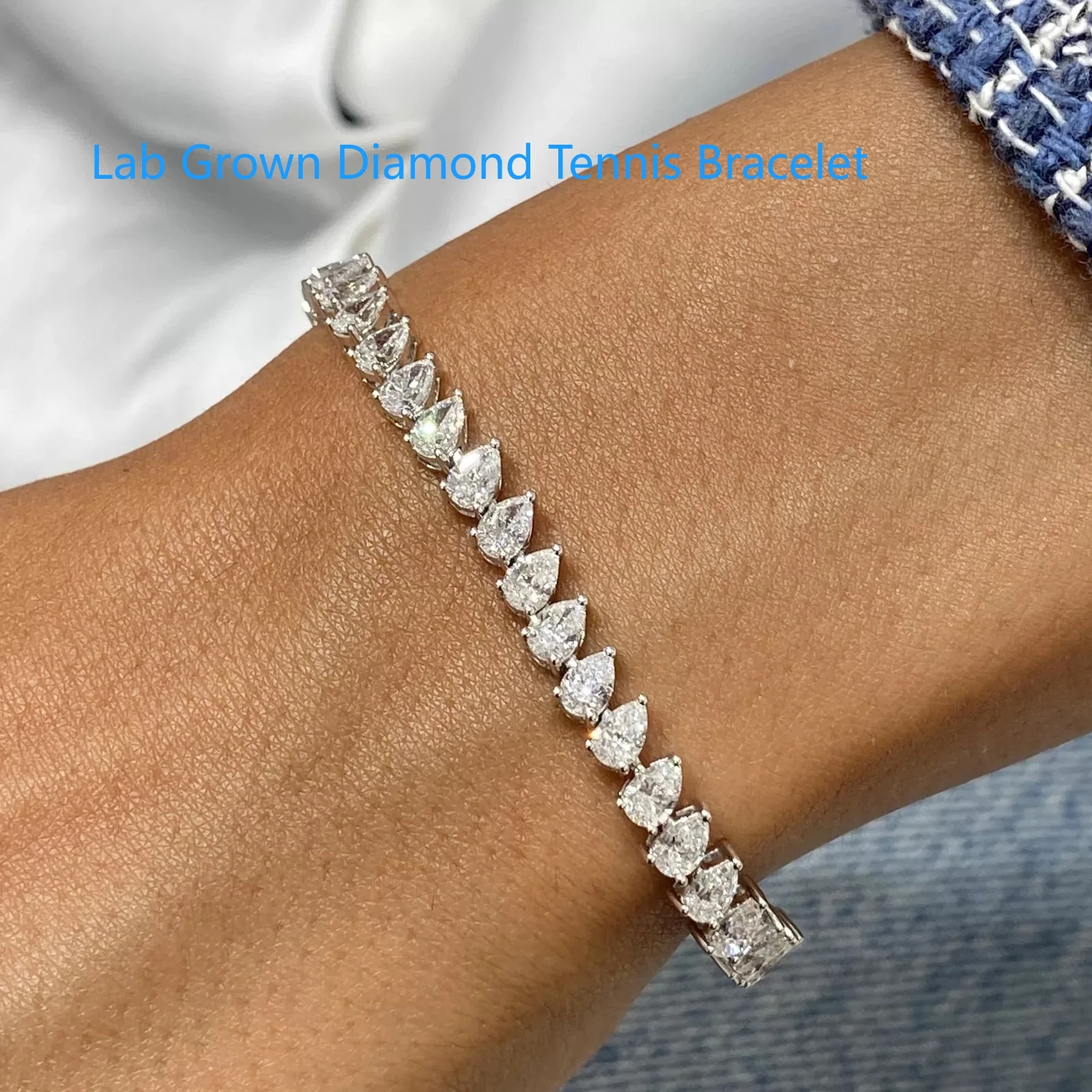 

Теннисный браслет с бриллиантами грушевидной огранки, белое золото 14 карат, HPHT EF VS 7,47Ctw, полный камень, вес, подарок для женщин