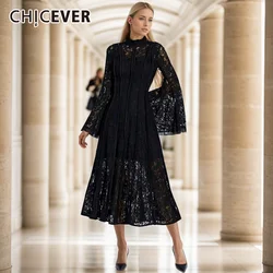 CHICEVER Solid Temperament Dresses For Women Stand Collar Flare Sleeve Patchwork Lace Hollow Out Designer Dress Female New