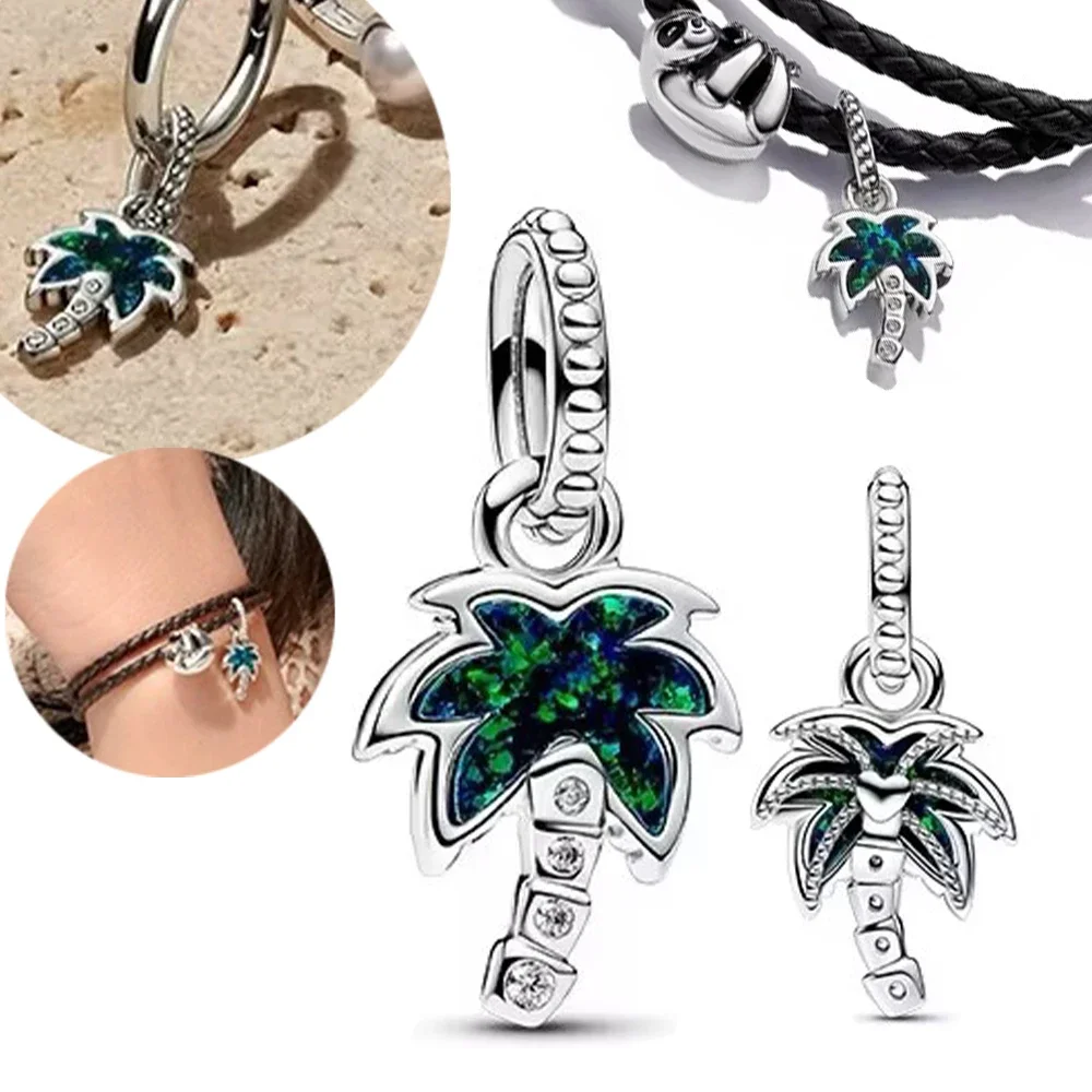 Sterling Silver 925 Opalescent Green Palm Tree Dangle Charm Fit Original Pandora Diy Pendant Women's Opal Fancy Cut Jewelry Gift