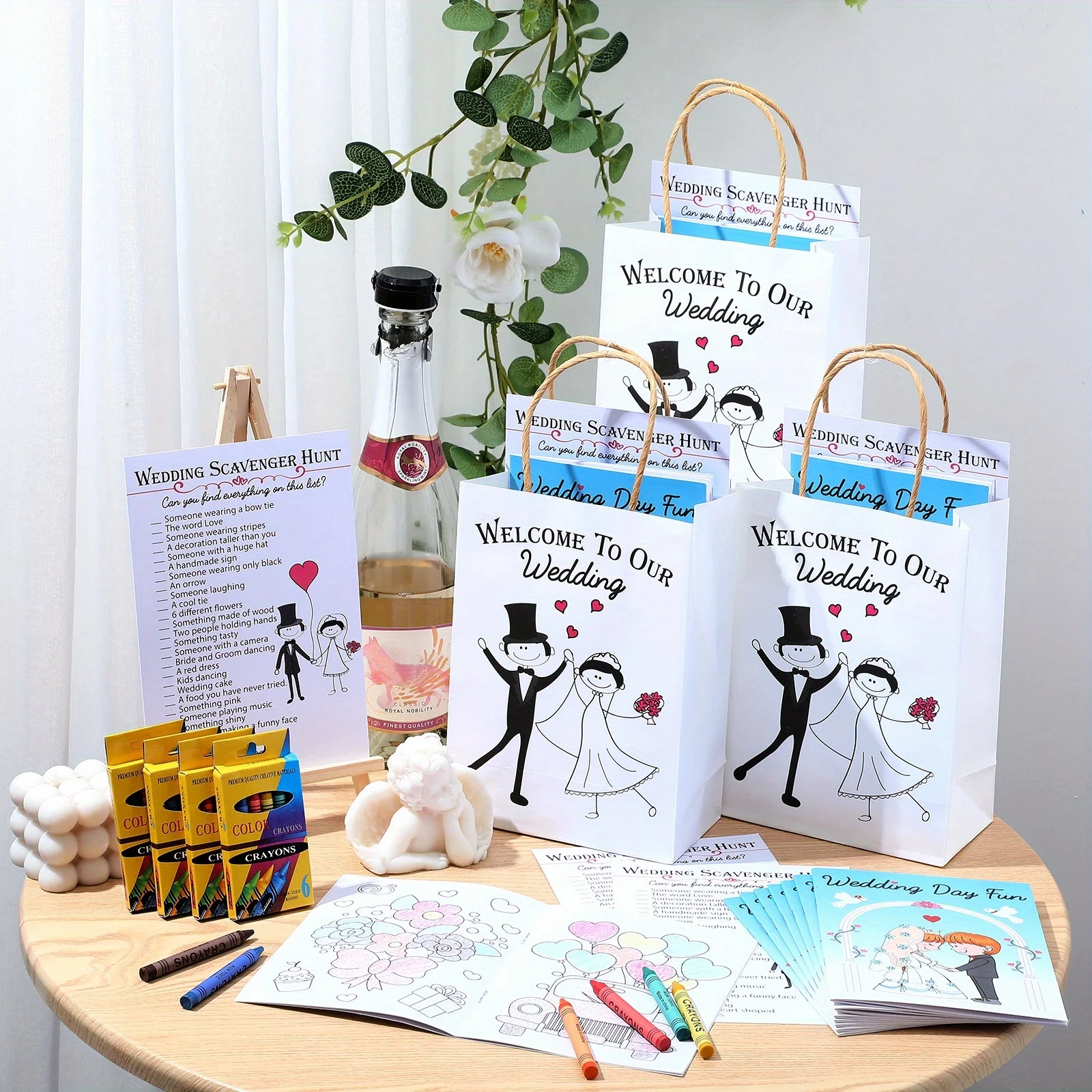 Wedding Activity Set – 96-Piece Guest Entertainment Kit: 24 Coloring Books, 24 Favor Bags, 24 Crayons & 24 Scavenger Hunt Sheets view 2