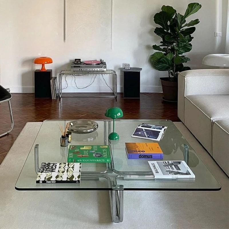 Transparent square glass coffee table, stainless steel low table