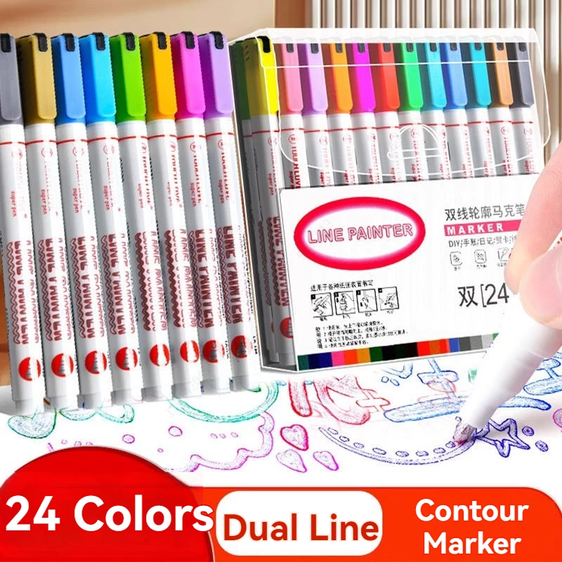 

8/12/24Colors Double Line Outline Art Pen DIY Graffiti Pen Highlighter Marker Pens Diary For Scrapbook Poster Card Stationery