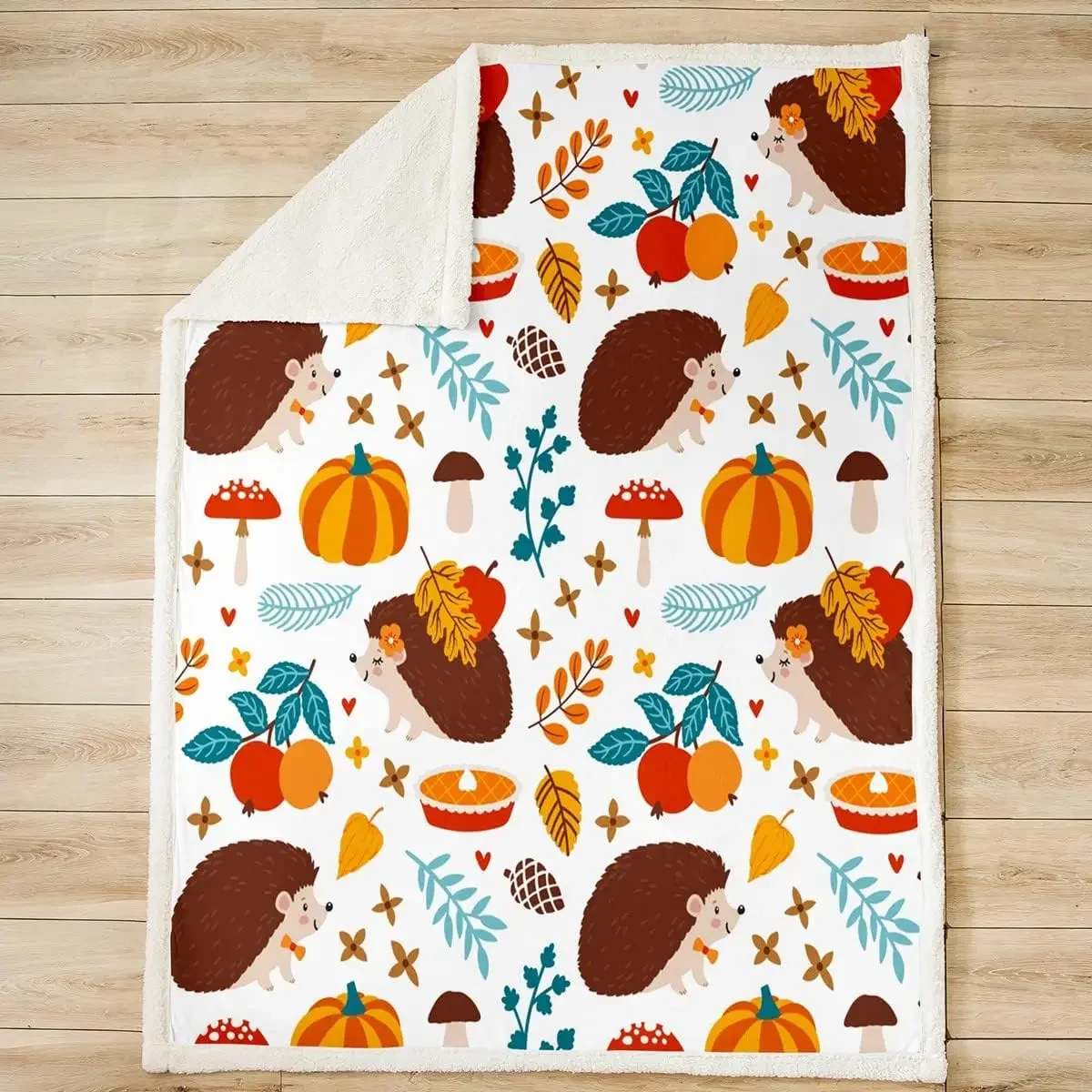 Fall Maple Leaves Throw Blanket,Cute Hedgehog Cartoon Mushroom Bed Blanket for Kids Boys Girls Adults,Pumpkins