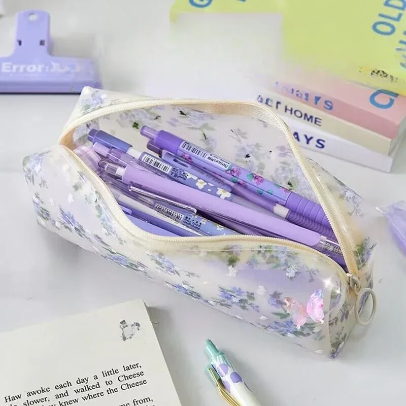 Large Capacity Transparent Zipper Pencil Case Kawaii Flower Pen Bag Waterproof Pencil Pouch Organizer Stationery School Supplies