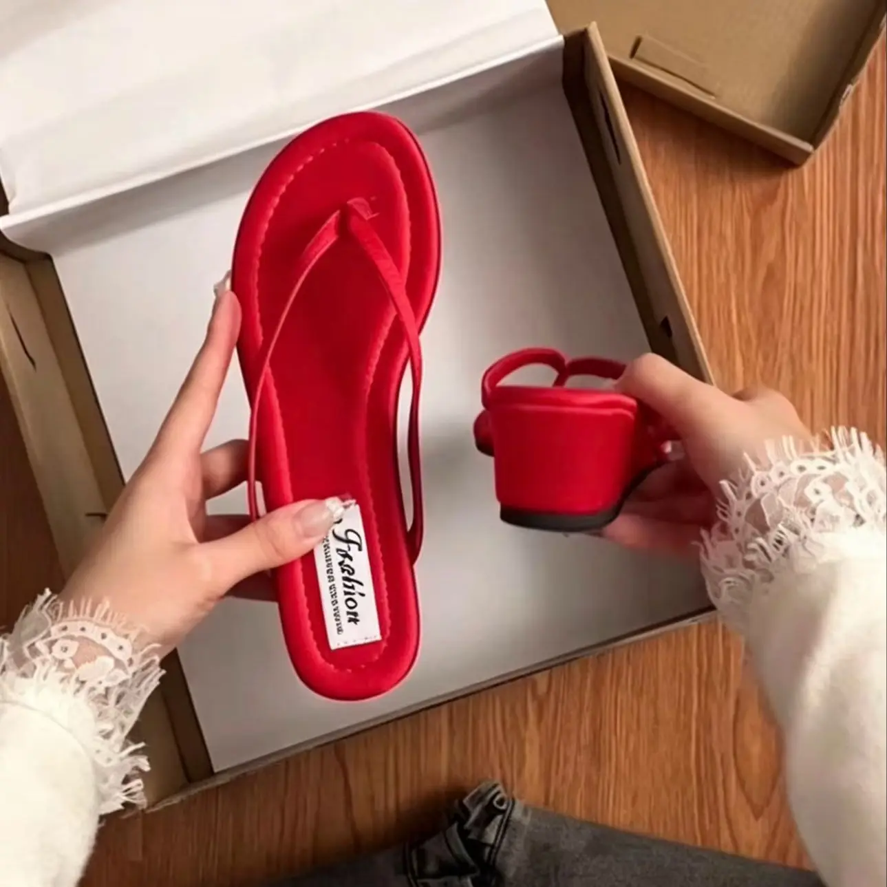 Women's Red Suede Wedge Flip Flops, Open Toe Summer Slides, Comfortable Footwear for Beach Vacation Wear