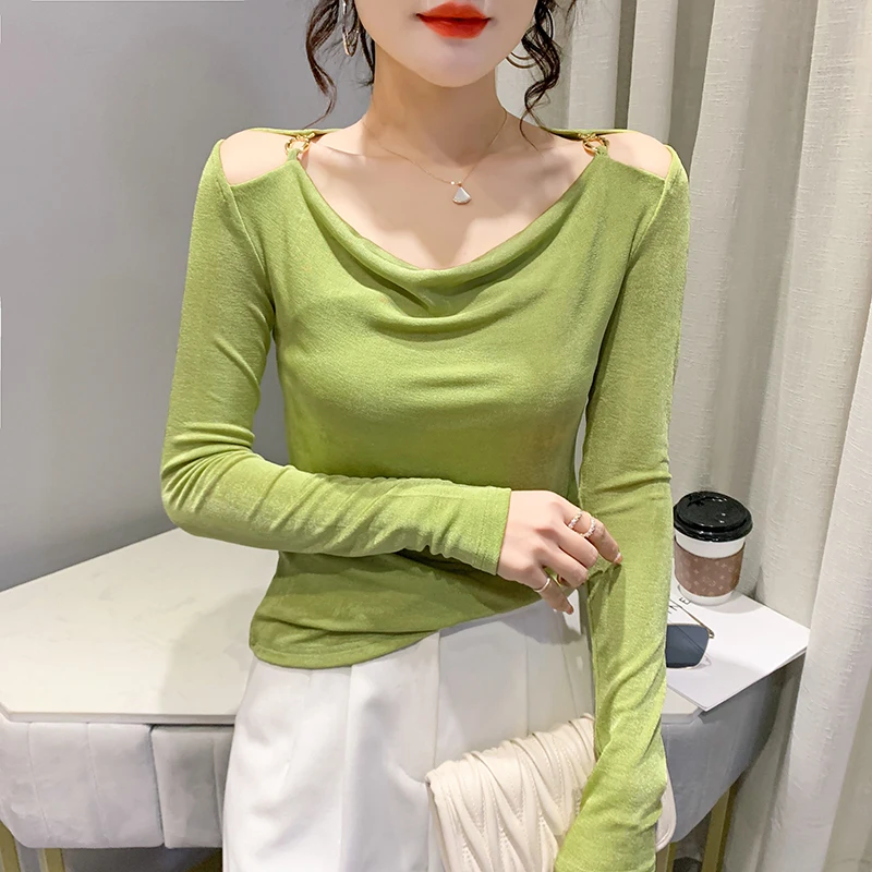 Sexy évider Base irt femmes printemps Faion nouvelle oulder exposition longue Sve Slim Fit irt coréen Sle trajet vent