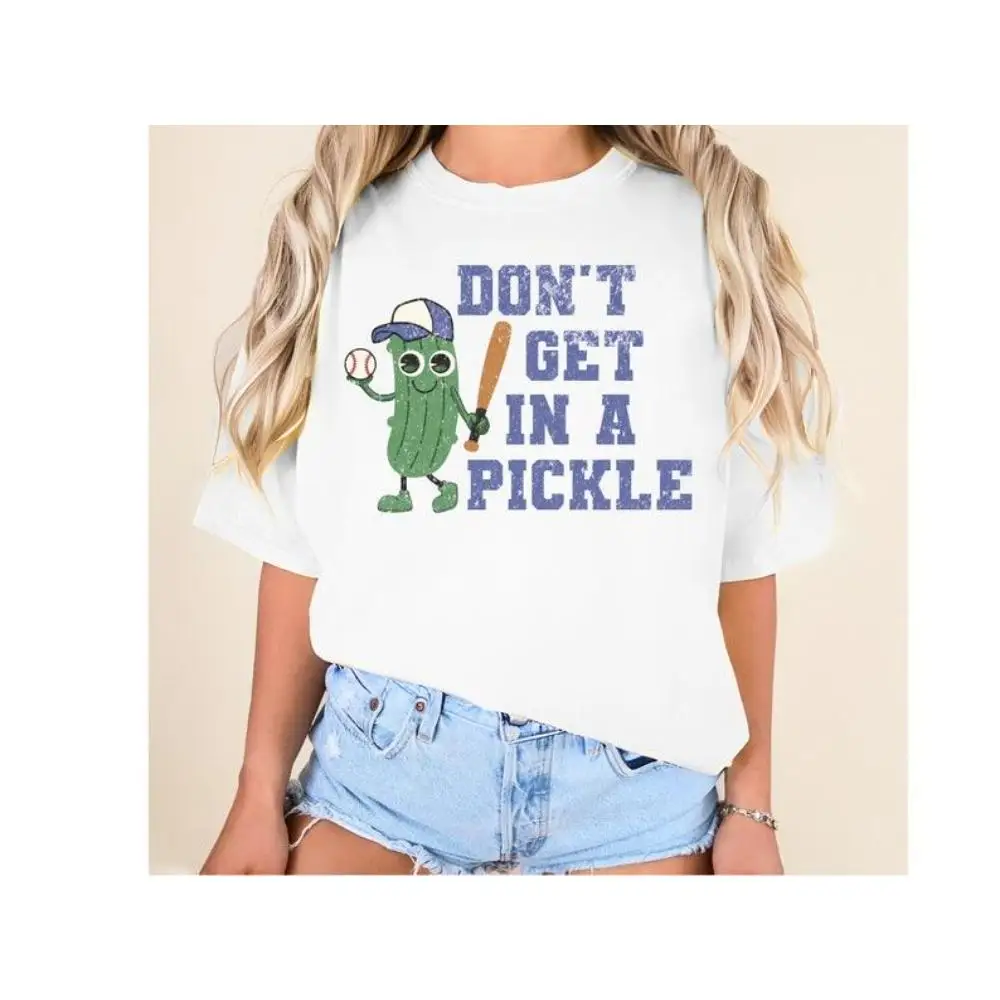 

Funny Pickle Baseball T-Shirt, Creative Don't Get in a Pickle Graphic Tee, Cute Cartoon Food Sports Themed, Casual Short Sleeve