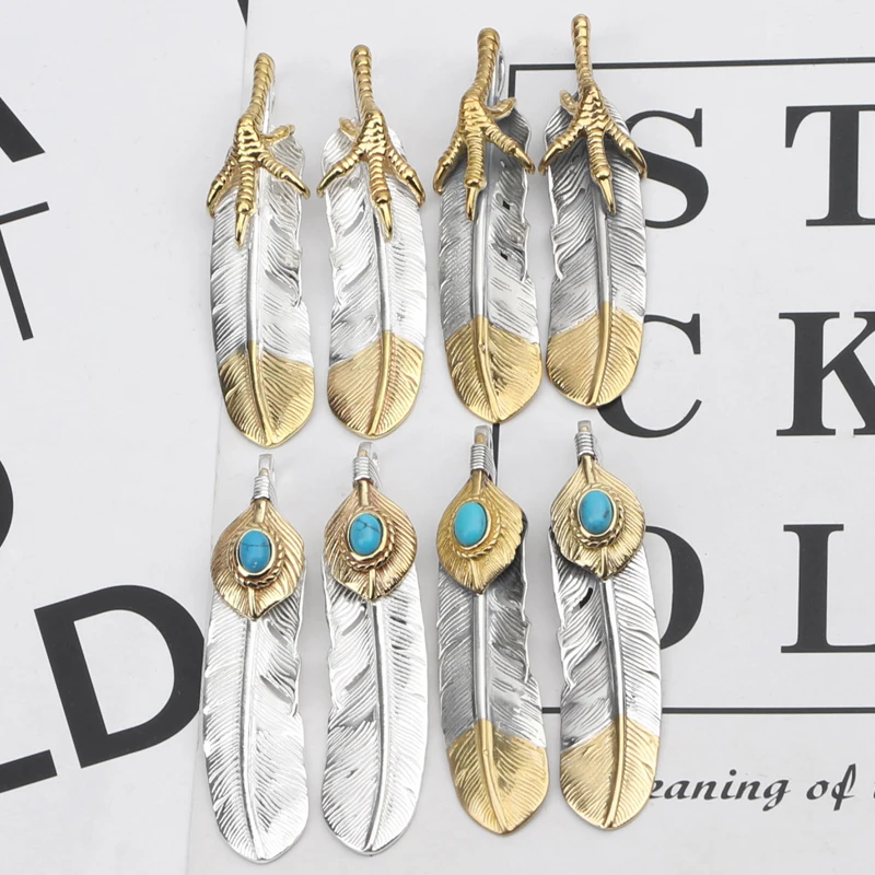 S925 Sterling Silver Gold-Plated Eagle Claw Inlaid Turquoise Feather Pendant Japanese Versatile Fashion Trendy Necklace Pendant