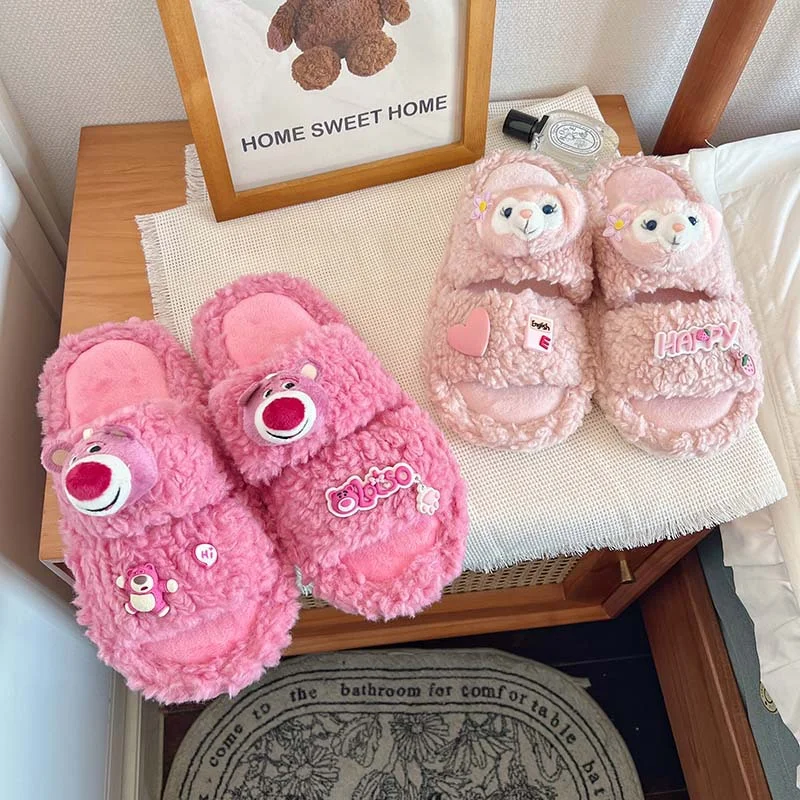 Disney star Dailu cute sweet warm home women's shoes Lingna Belle cartoon versatile flat bottom non-slip plush toecottonslippers