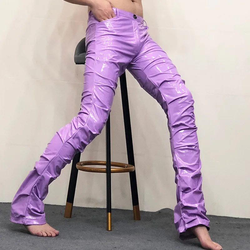 Men Costumes PU Flare Pant Nightclub Streetwear Shinny Sexy Leather Pant New Erkek Pantolon Men Sky Blue Pant Pleated Trouser