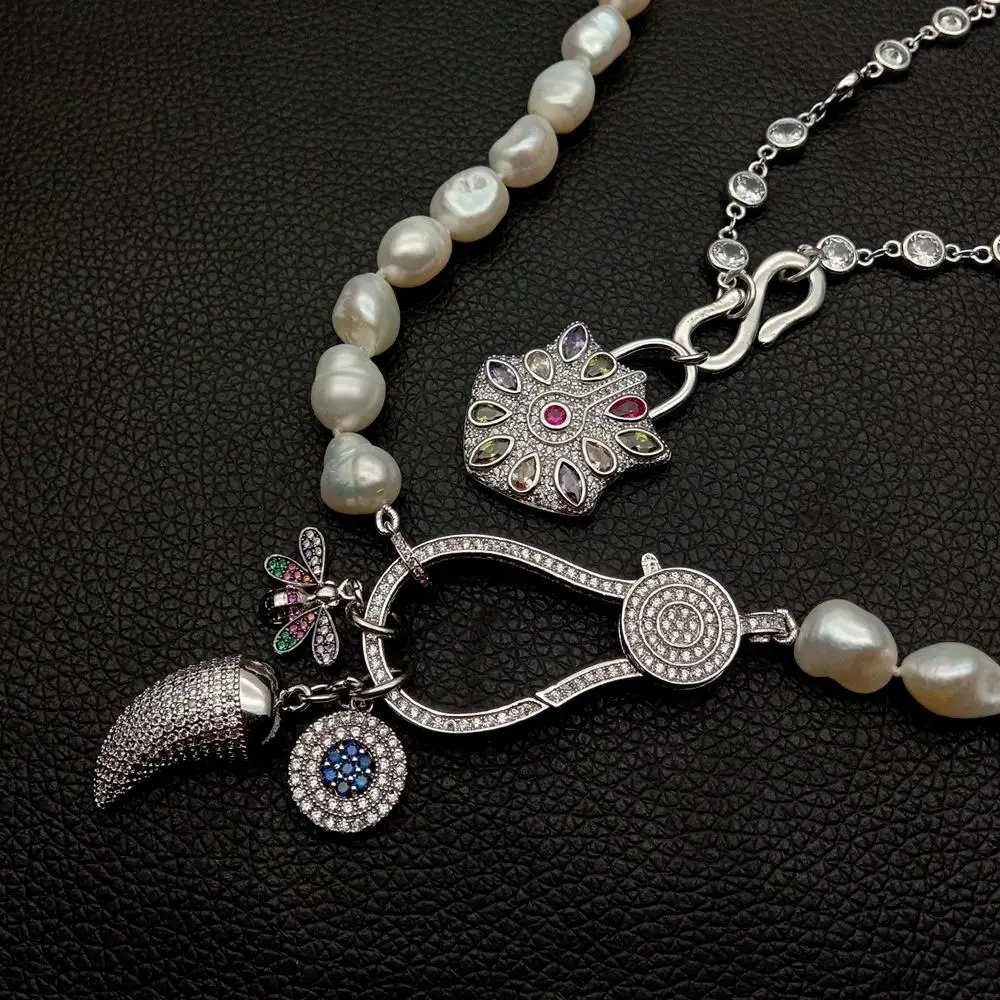 KKGEM 19''2Strands Link chain Cultured White Baroque Pearl Cz pave Drop bee lock Charm pendant statement Necklace view 2