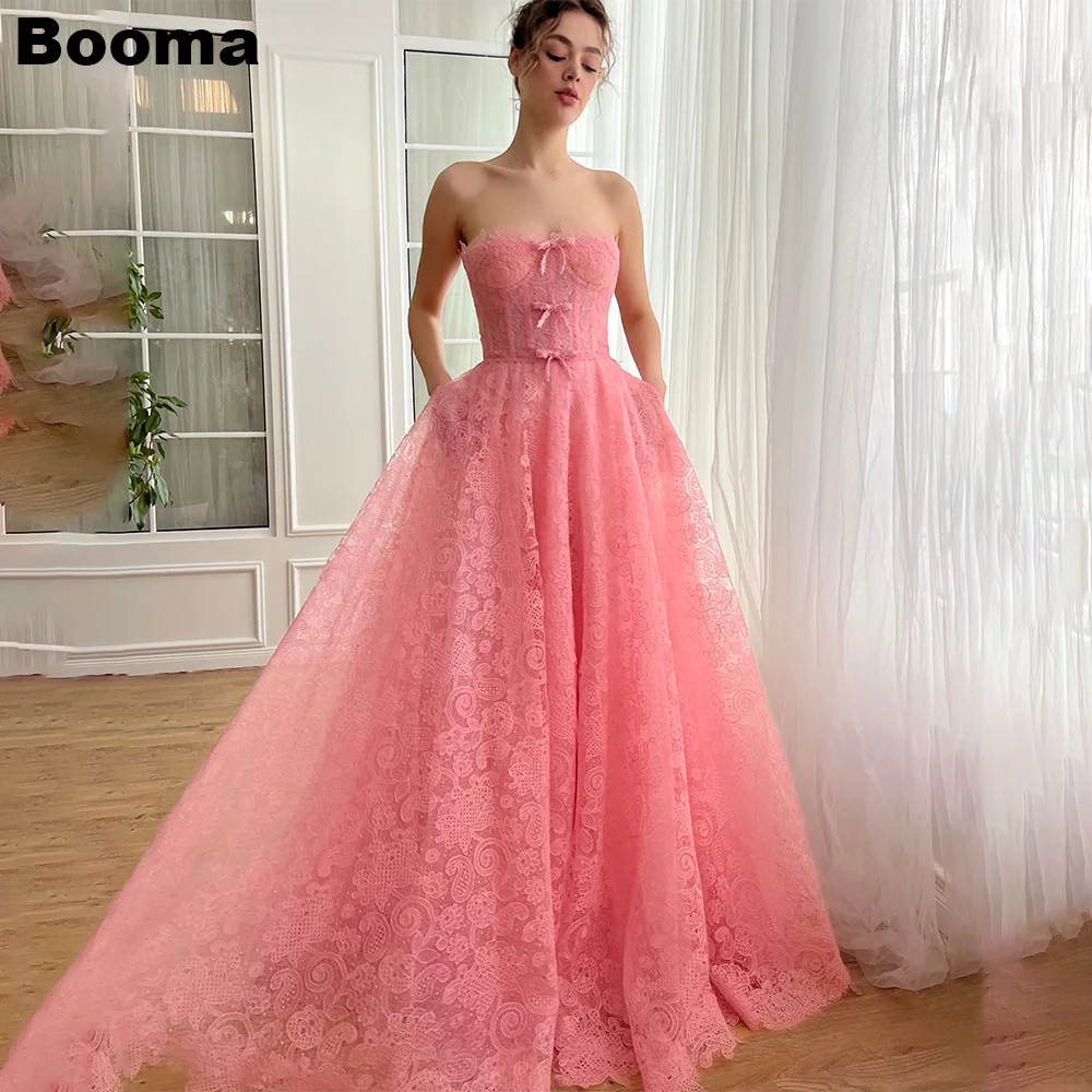 

Booma Pink Lace A-Line Fairy Prom Dresses Sweetheart Sleeveless Graduation Party Gowns Lace Up Long Evening Dress for Women