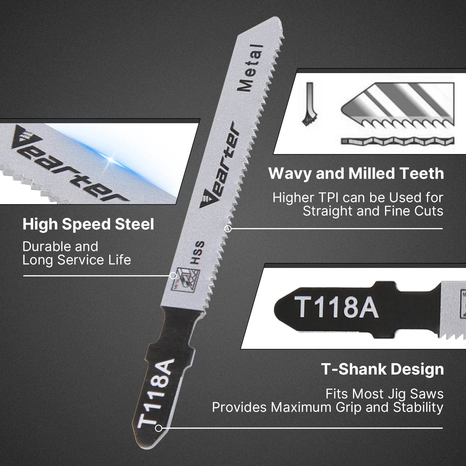 Vearter T118A 5Pcs 3inch(77mm)  JigSaw Blade Set  21TPI HSS T-Shank Precise for Aluminum,Thin Metal,Copper Cutting Tools