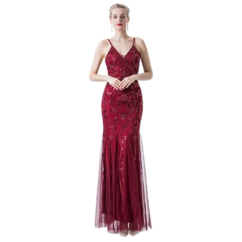 

Sexy Spaghetti Straps V-neck Sequined Mermaid Long Formal Evening Dress