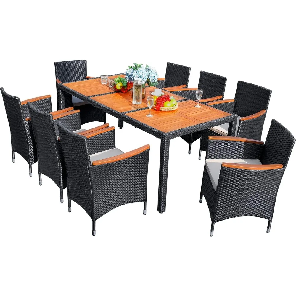 

9 Piece Patio Dining Set Outdoor Acacia Wood Table and Chairs with Soft Cushions Wicker Patio Furniture for Deck, Backyard, Gar