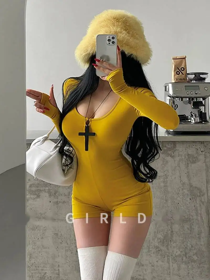Hot Girl Sexy Round Neck Single-Breasted Stretch Slim Fit Long Sleeve Jumpsuit Shorts Fashion Sexy Women Tops 2025 New JP23