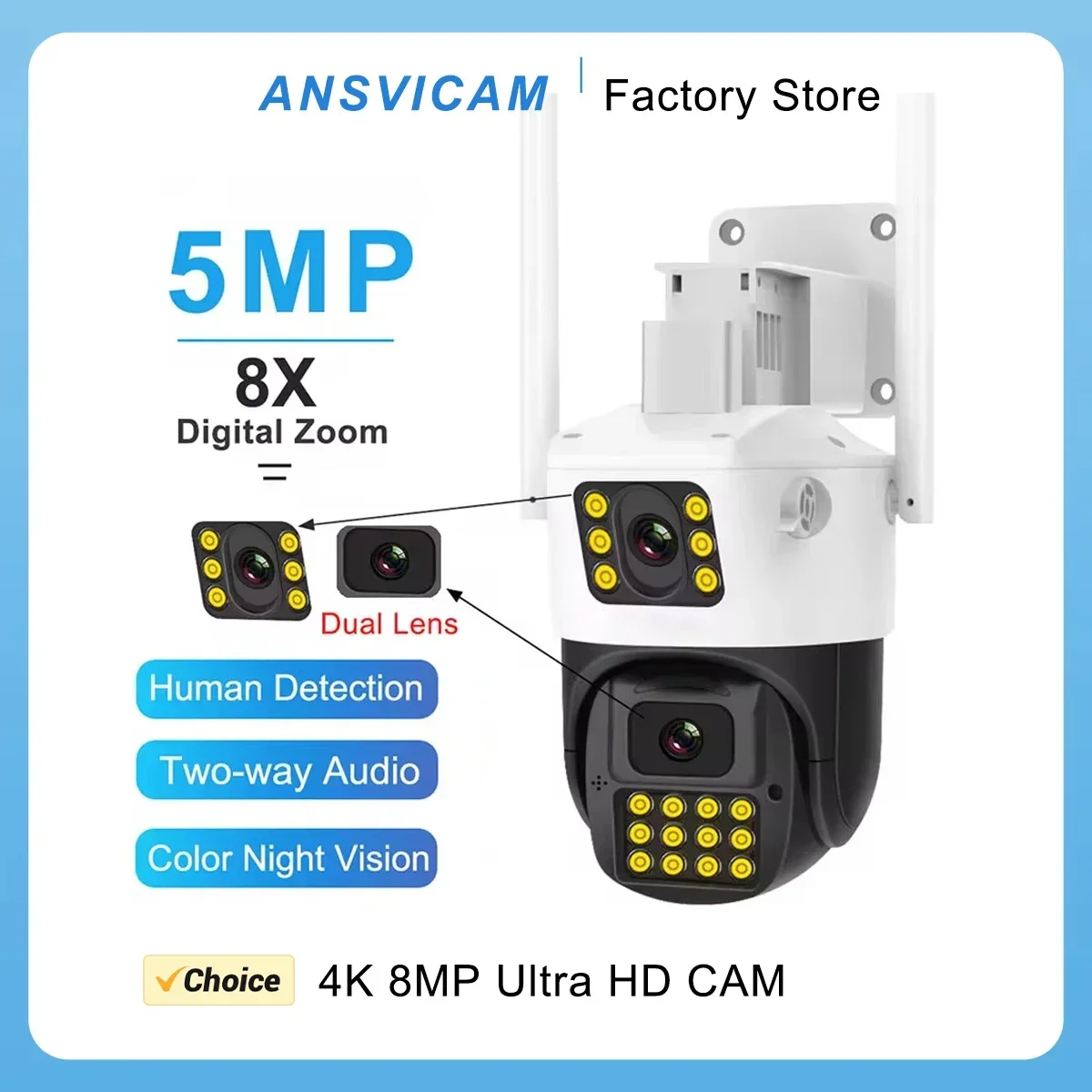 ANSVICAM-Caméra de surveillance extérieure PTZ breton 5MP, dispositif de sécurité sans fil, avec détection humanoïde par IA, écran pour touristes, document complet, IP66