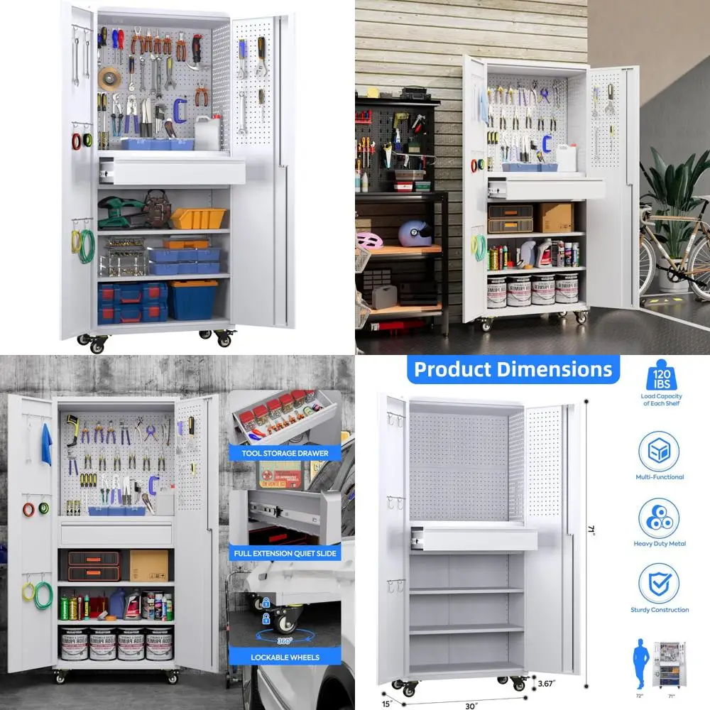 

Стальной гаражный шкаф с замком на колесиках, высотой 71, перфорированной доской и ящиками для организации дома и офиса