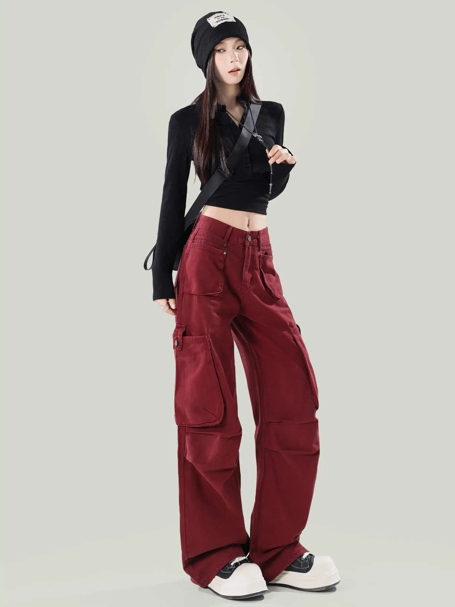 Vintage Red Cargo Jeans Women Streetwear Fashion Korean Style Burgundy Baggy Punk Pants Multi-Pocket Trousers y2k pants