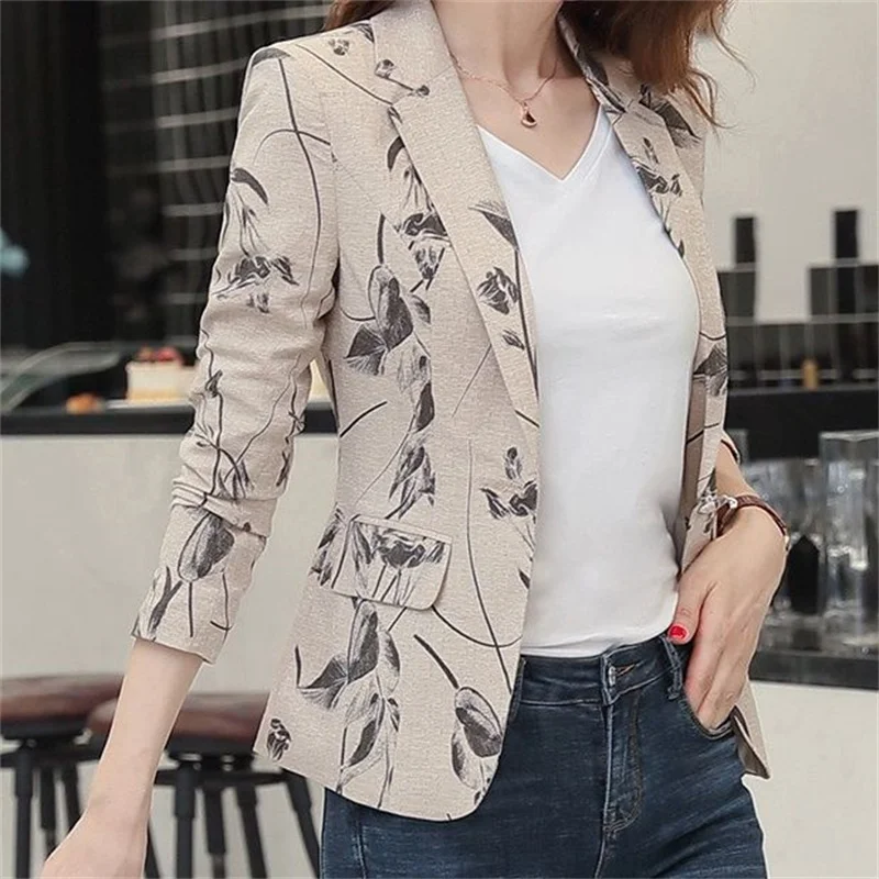 2023 Spring Autumn Women New Printed Small Suit Jacket Female Long Sleeve Slim Short Retro Coat Ladies Small Fragrant Top Blazer