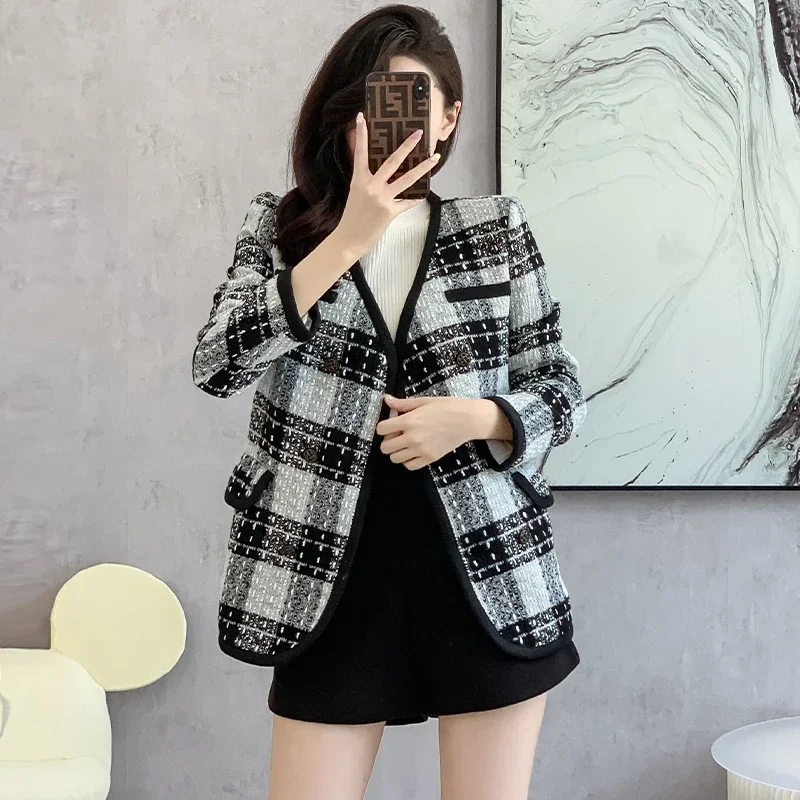 

High-End Graceful Blazers Coats for Socialite Women Plaid Stylish Clothing 2024 Autumn Winter Business Jackets Fashional Suit