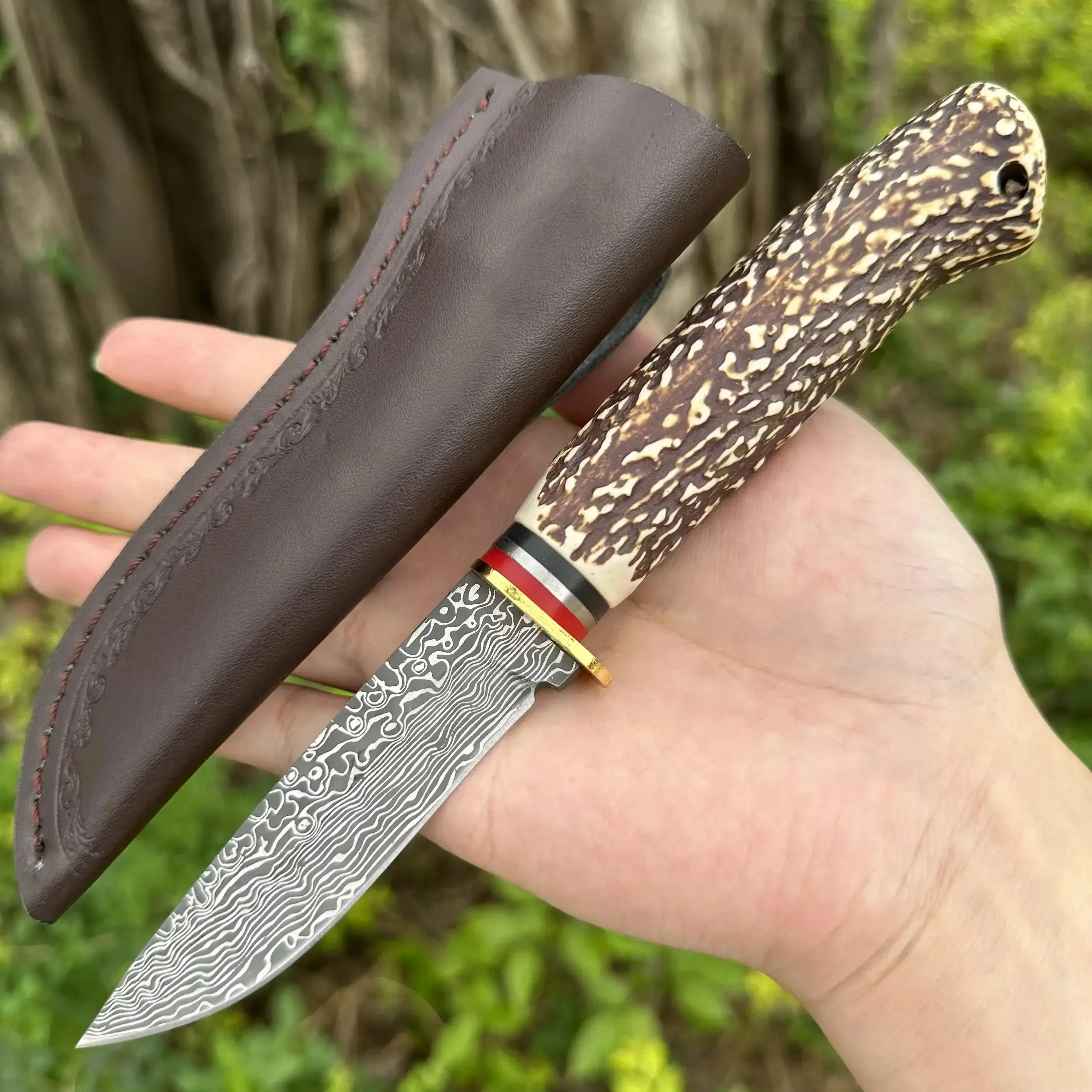 Outdoor Knife Damascus pattern steel knife, fixed blade, EDC convenient camping fruit knife, cutting knife