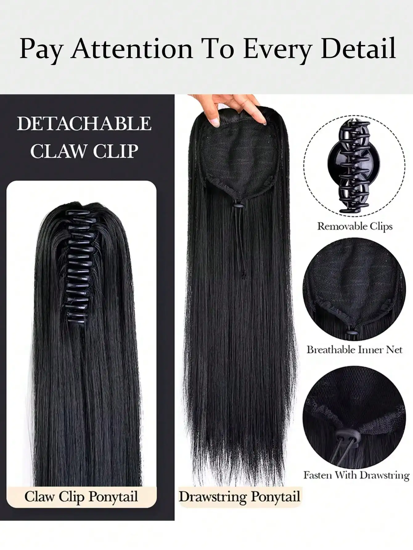 JKL الاصطناعية طويلة مستقيم مخلب كليب على ذيل حصان وصلات شعر مقاومة للحرارة ذيل حصان شقراء سوداء هيربيسي للنساء #5