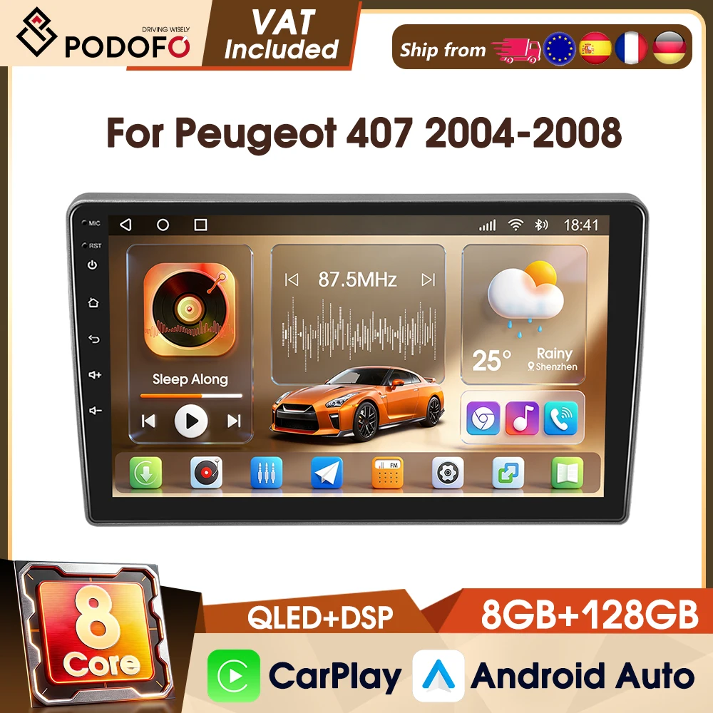 Podofo 9" Android 4G 8-Core 8+128G 2 Din Autoradio für Peugeot 407 2004-2008 Auto-Audio GPS-Navigation WIFI FM RDS IPS-Bildschirm Kabelloses CarPlay Autoradio