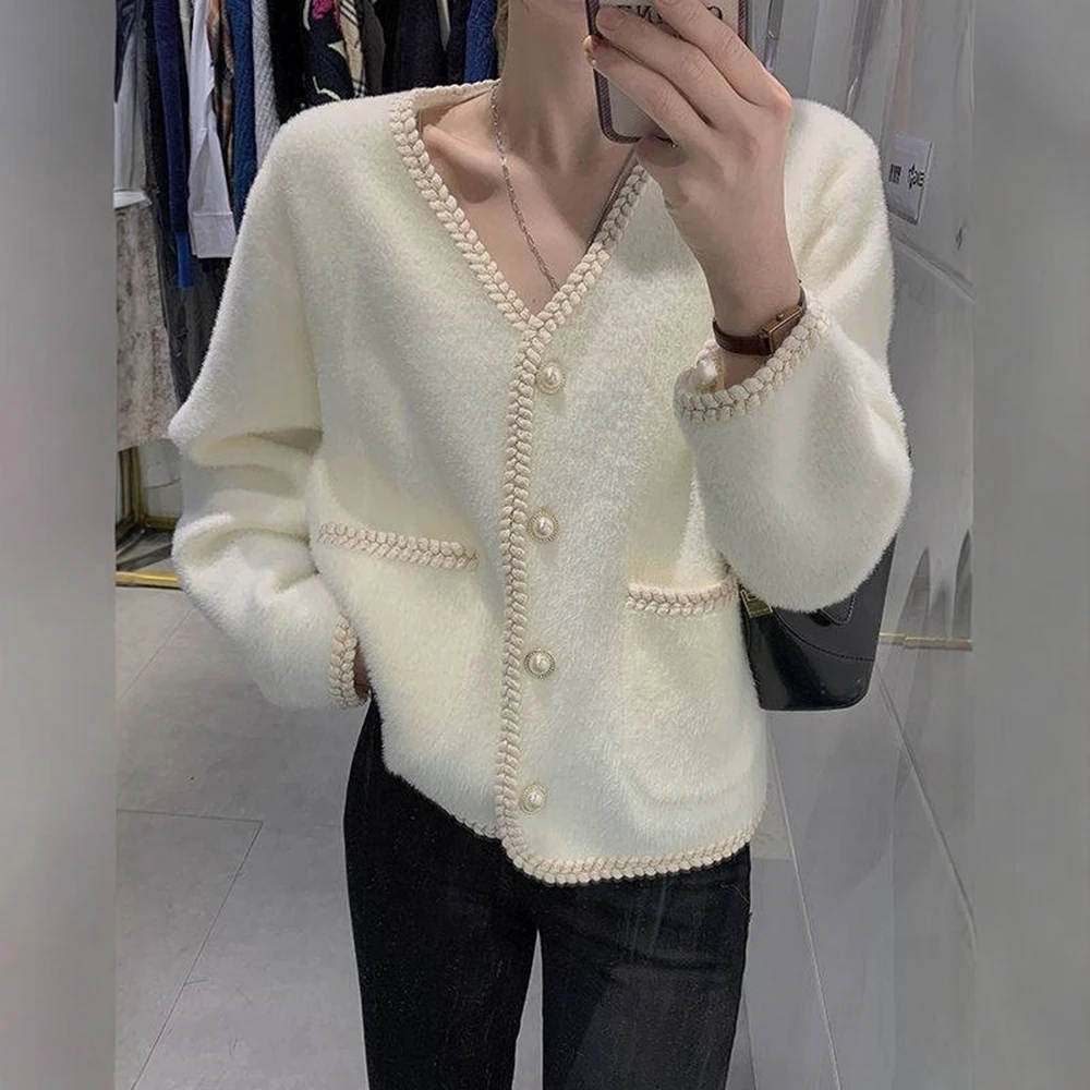 

Женский кардиган в корейском стиле с v-образным вырезом и длинным рукавом, осень-зима, повседневный однобортный трикотаж с открытой передней частью