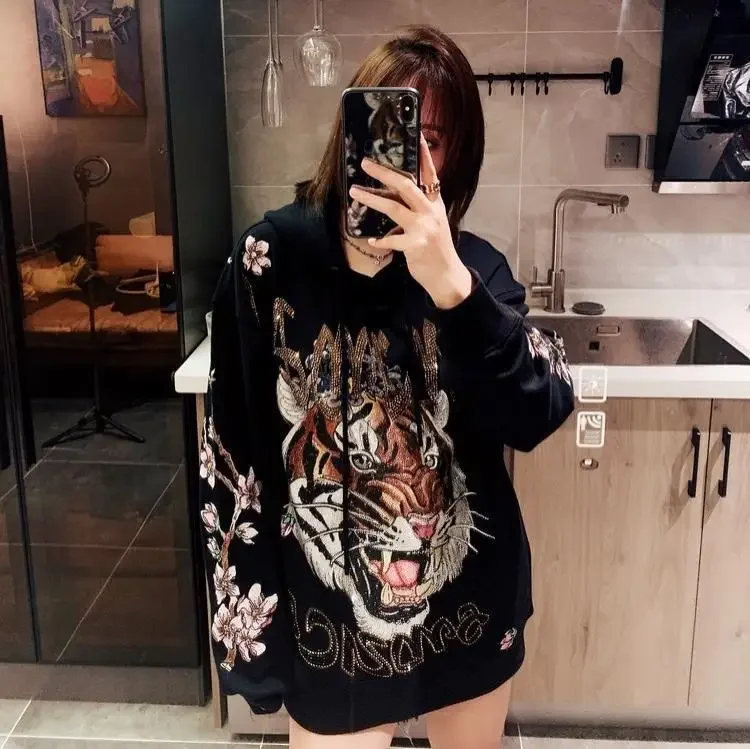 Streetwear Spring Autumn Women Sweatshirt Luxury Tight Hot Drilling Hooded Pullover Top Handsome Long Sleeve Oversize Hoodies