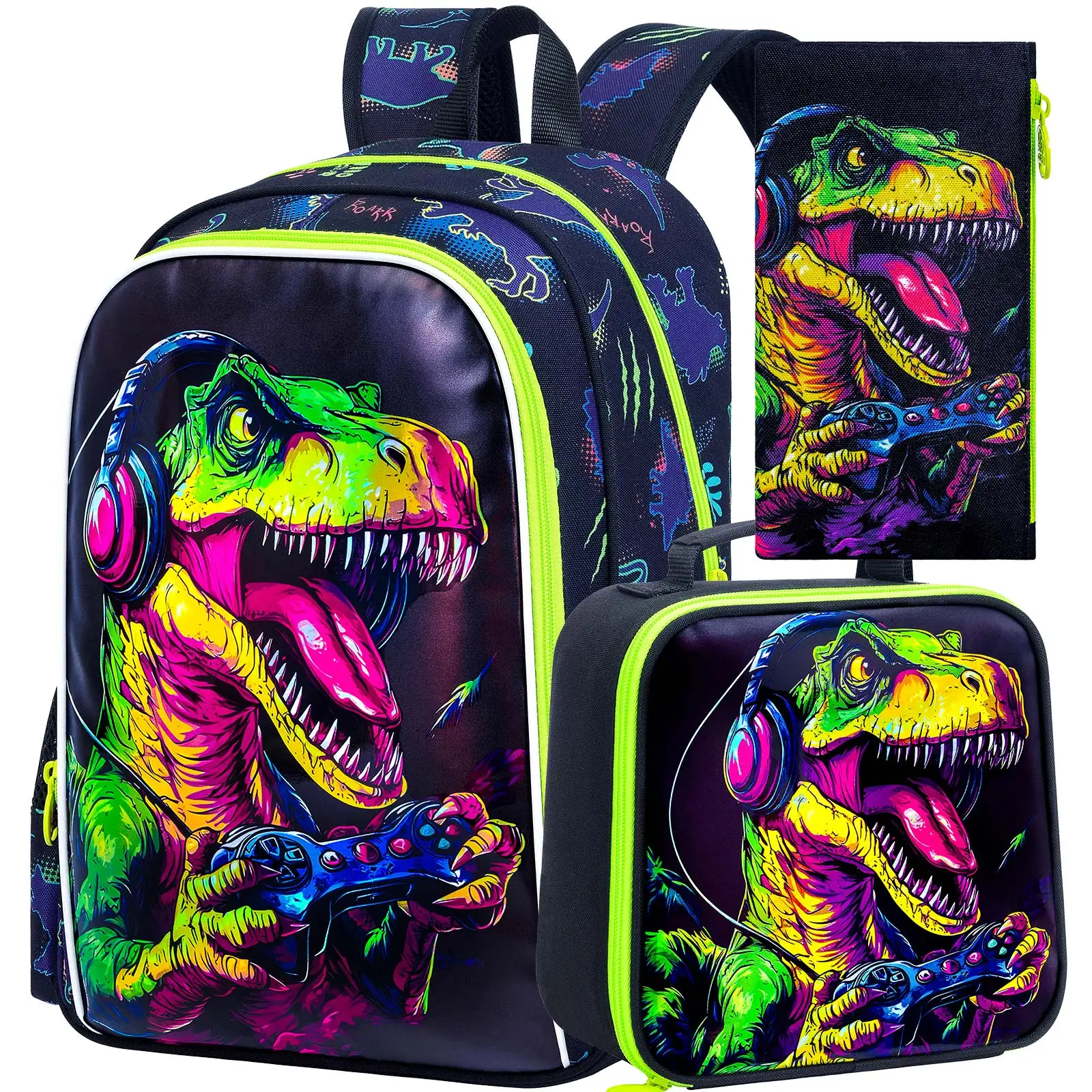 

3PCS Boys Backpack,16”Kids Dinosaur Bookbag with Lunch Box, School Bag for Elementary Toddler