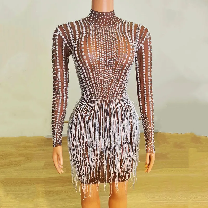 

Sexy Pearls Rhinestones Fringe Transparent Mesh Dress Birthday Party Celebration Prom Outfit Singer Dancer Stage Dance Costume