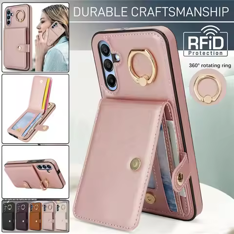Ring Leather Wallet Card Phone Case for Samsung Galaxy S25 Edge S24 Ultra S23 Plus S22 FE A16 A55 A35 A15 A54 A14 Note 20 Cover