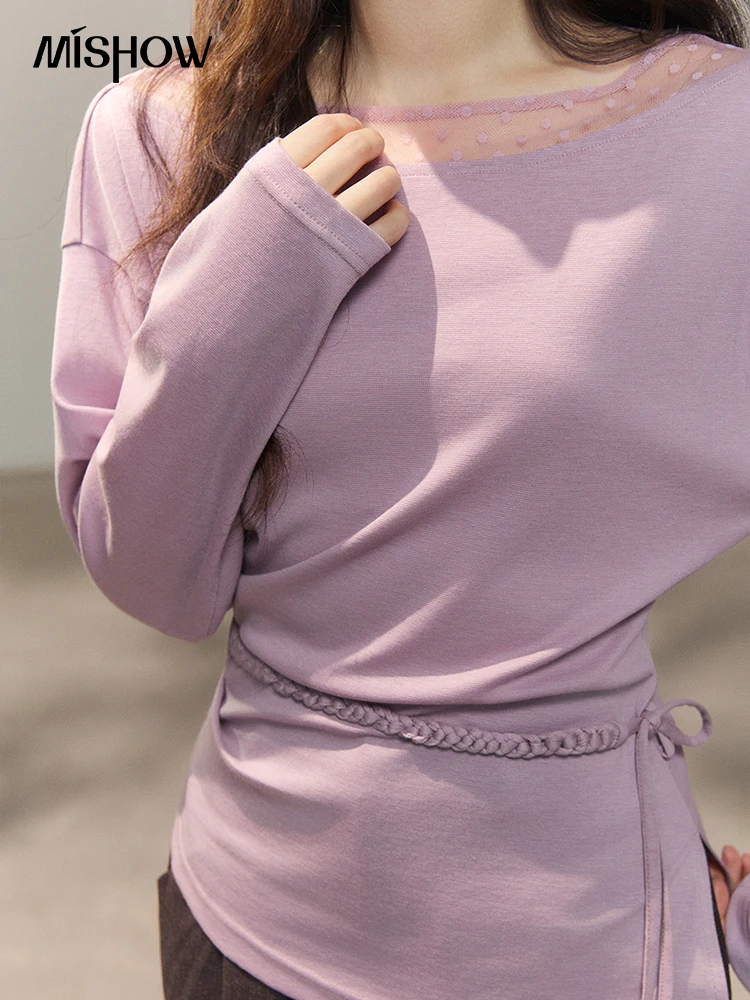 MISHOW Women's Mesh Wool Lace Polka Dot Splicing Tops 2026 Spring Boat Neck Slim Belt Twist Casual Solid T-Shirts MXF13Z3001