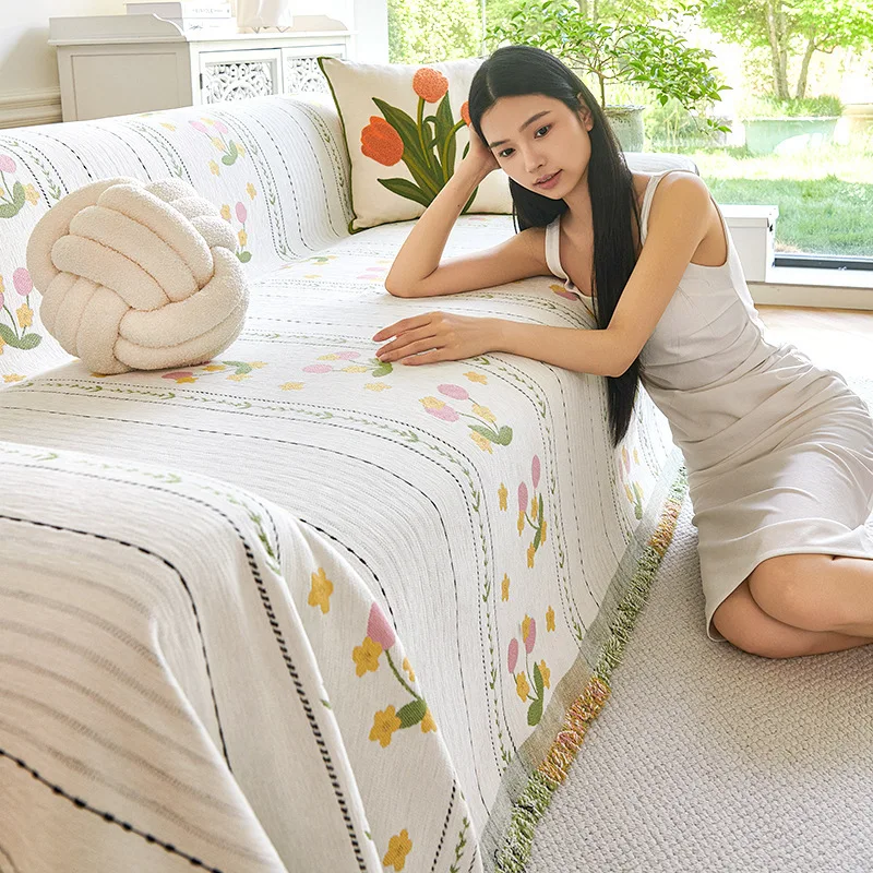 Home Sofa Cover with Tassel Living Room Beige Sofa Knitted Blanket Prevent Cat Scratch Couch Towel Large One Piece