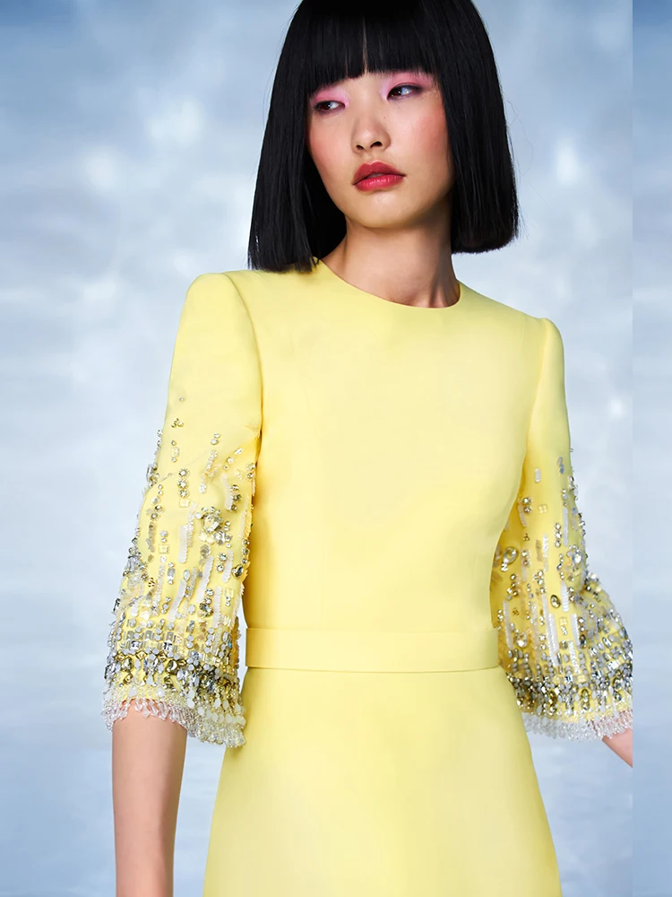 أحدث صيحات الموضة عالية الجودة 2025 S/S مصمم فستان نسائي نصف كم مذهل مطرز بالألماس فستان متوسط الطول vestidos para mujer