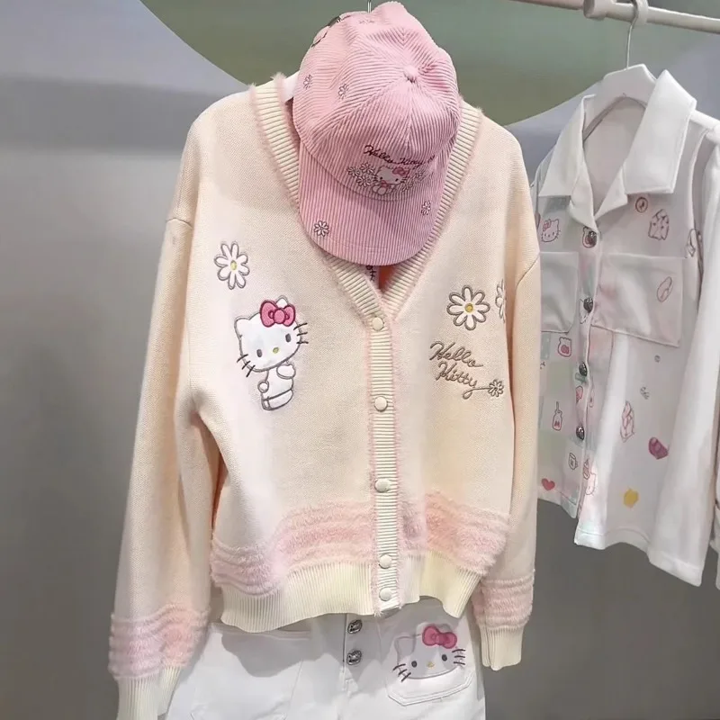 

Sanrio Hello Kitty женский вязаный кардиган с вышивкой, универсальный возрастной топ Y2k, женский милый свитер с героями мультфильмов в корейском стиле