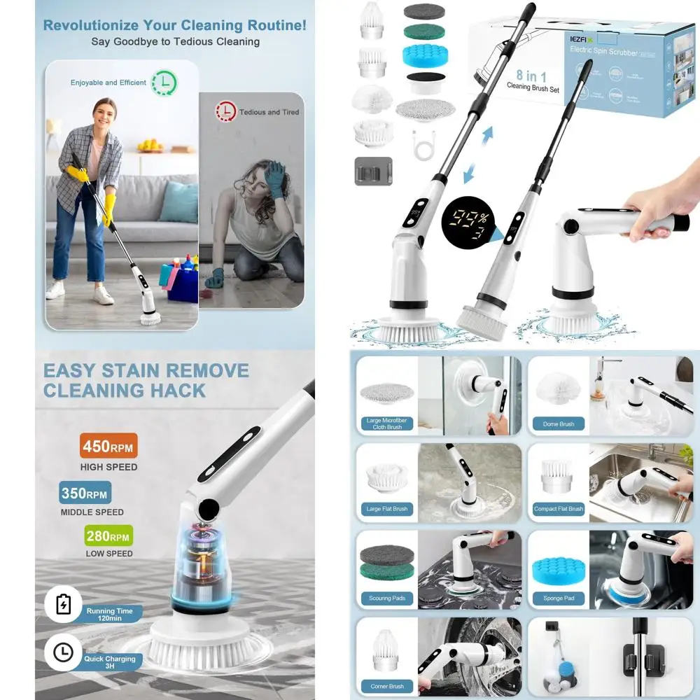 

Регулируемая электрическая щетка для чистки с 8 насадками, 3 скоростями до 450 об/мин, для уборки ванной и кухни