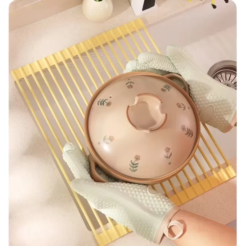 Kitchen Sink Draining Rack Silicone Covered Foldable Roller Draining Rack Dish Plate Basket Household Organization