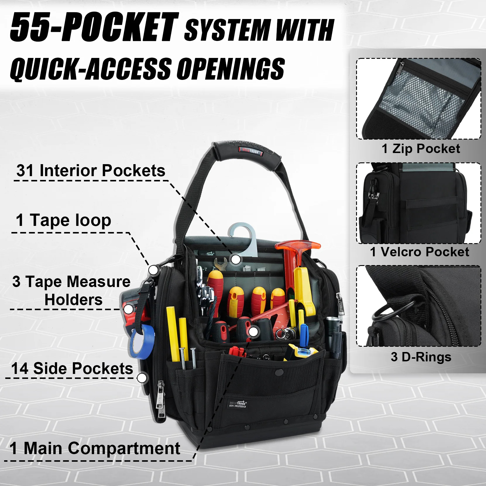 Electrician Tool Bag,55-Pockets Pro Pack Tool Bag,Pro Pac,Small Sturdy Base Heavy Duty Tool Pouch with Hard Bottom